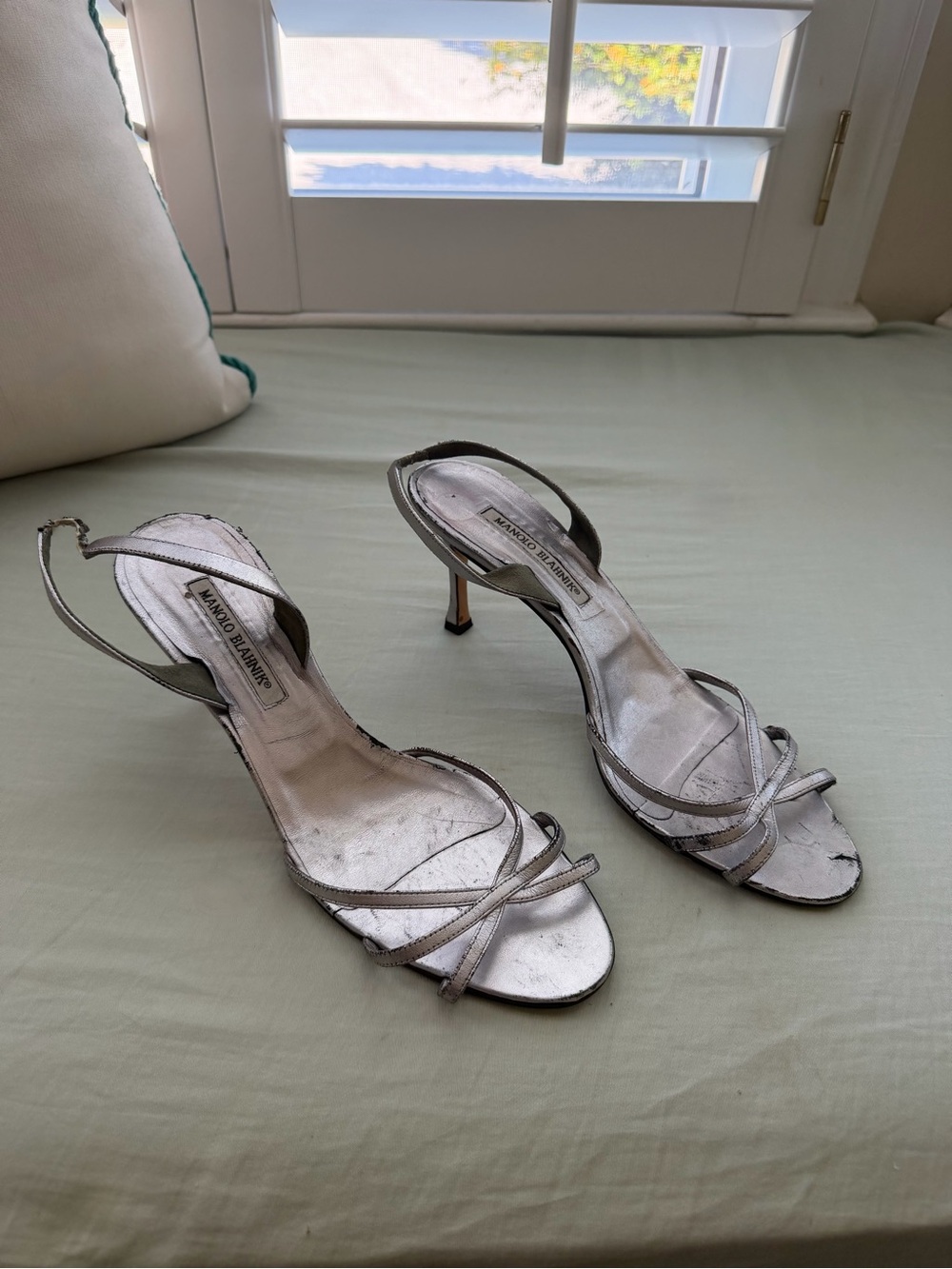Manolo Blahnik Metallic Silver Strappy Slingback Heels